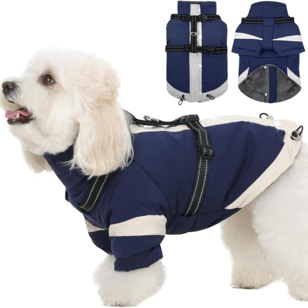 Turtleneck Dog Coat with Harness Built in - S,Soft Warm Lining | Adjustable Reflective Harness Coats for Small Dogs,Snow Day Water-Repellent,Windproof & Cold-Resistant Jacket (Navy-Blue)