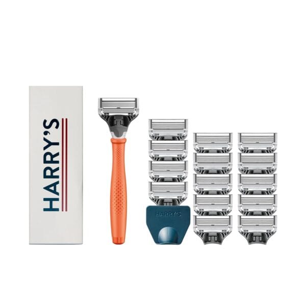 Harry's Original Shaving Kit for Men - Razor Handle, 15 Razor Blade Refills, and Travel Blade Cover - German Engineered - Orange