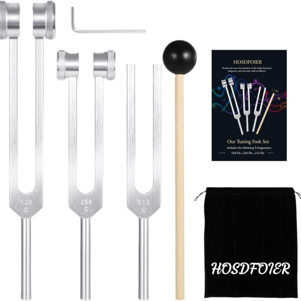 Tuning Forks for Healing Set (128Hz, 256Hz, 512Hz), Tuning Fork with Reflex Hammer for Healing/Frequency Instrument/Sound Therapy/Chakra/Yoga and Meditation Tools (Silvery), Stress Relief Gift