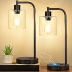 Set of 2 Industrial Touch Control Table Lamps with USB C+A Ports and AC Outlet - 3-Way Dimmable Black Bedside Lamps Nightstand Desk Lamps for Bedroom Living Room, Glass Shade & 2 LED Bulbs Included