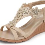 TEMOFON Women's Low Wedge Heels Summer Dressy Platform Sandals Elastic Ankle Strap Open Toe Flower Shoes