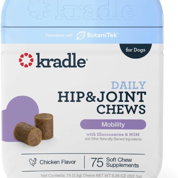 Kradle Hip and Joint Chews for Dogs - Daily Mobility & Joint Health Supplement - Soft Chews with Glucosamine, Chondriotin, MSM, Hyaluronic Acid & Turmeric - 75 Chews