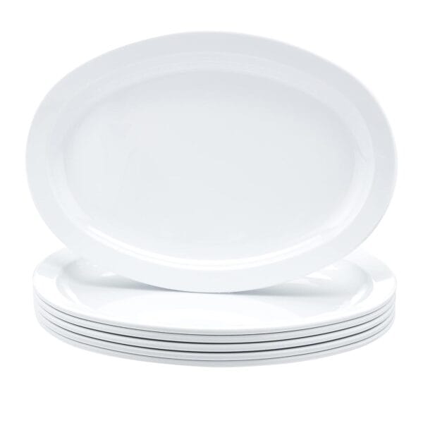 Amazon Basics Melamine (Plastic )Oval Platter Narrow Rim, 6 Piece Set, 13 in x 9.75 in, White