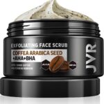 JVR Face Scrub for Men, Facial Scrub for Deep Exfoliating, Cleansing, Removing Blackheads, Ingrown Hair, Pre-shave Soften, Organic Formulated with Coffee Extract, AHA and BHA Face Exfoliator (4.23 oz)