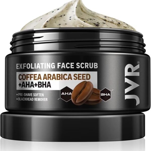 JVR Face Scrub for Men, Facial Scrub for Deep Exfoliating, Cleansing, Removing Blackheads, Ingrown Hair, Pre-shave Soften, Organic Formulated with Coffee Extract, AHA and BHA Face Exfoliator (4.23 oz)
