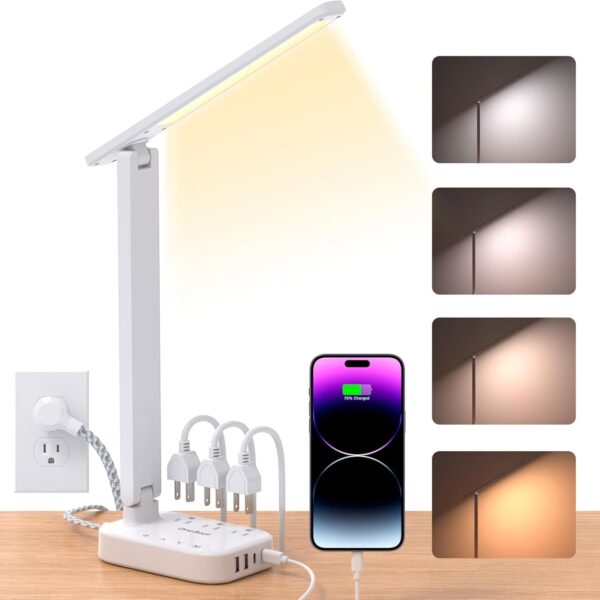 One Beat LED Small Desk Lamp Power Strip 5ft Extension Cord, 3 Outlets, 4 USB Ports(2 USB C), 4 Modes, 5 Level Touch- Home, Office, Bedroom, Bedside, Study Reading Light, Dorm Room Essentials, White