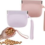2 Pieces Silicone Dog Treat Bag Mini Portable Pet Snack Pouch with Auto Close Feature Feed Snack Reward Dog Treat Pouch Pocket Size Easy to Clean for Pet Travel or Outdoor Use (Pink & Purple)