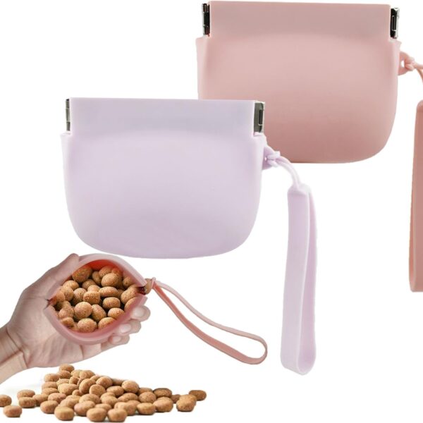 2 Pieces Silicone Dog Treat Bag Mini Portable Pet Snack Pouch with Auto Close Feature Feed Snack Reward Dog Treat Pouch Pocket Size Easy to Clean for Pet Travel or Outdoor Use (Pink & Purple)