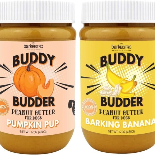BUDDY BUDDER Barkin Banana + Pumpkin Pup, 100% All Natural Dog Peanut Butter, Peanut Butter Dog Treat, Made in USA (Set of 2 | 17oz ea)