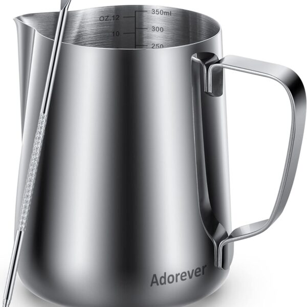 Milk Frothing Pitcher 350ml/600ml/900ml/1500ml (12oz/20oz/32oz/50oz) Steaming Pitchers Stainless Steel Milk/Coffee/Cappuccino/Latte Art Barista Steam Pitchers Milk Jug Cup with Art Pen,12oz