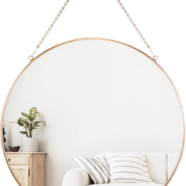 Dahey 11.8-inch Small Hanging Circle Mirror Wall Decor Gold Round Mirror with Hanging Chain for Living Room Bathroom Bedroom Dorm College Office, Gold
