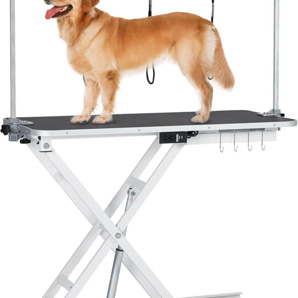 47 in Electric Dog Grooming Table - Height Adjustable 9.4 in- 39.4 in, Max Load 264 LBS, Leveling Wheels, with Dog Grooming Arm, Non-Slip Rubber Surface, White
