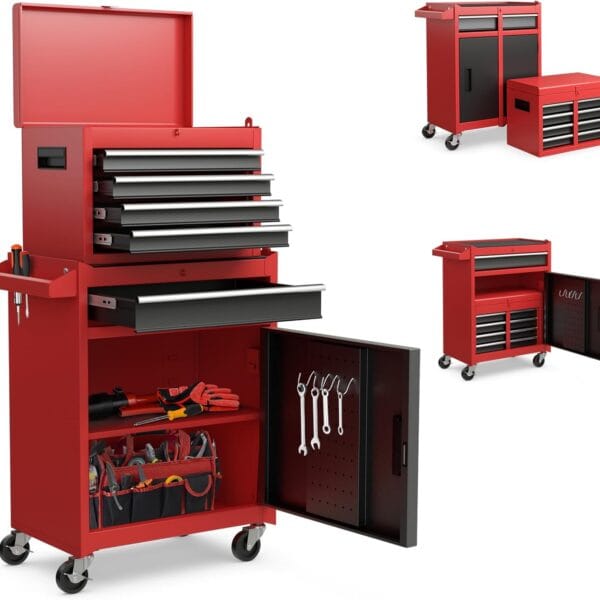 Goplus Rolling Tool Chest, 5-Drawer Tool Box Organizer w/Lockable Wheels & Sliding Drawers & Detachable Top & Adjustable Shelf, Tool Storage Cabinet for Garage Workshop (Red+Black)