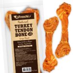 AFreschi Turkey Tendons for Dogs, USA-Sourced, Healthy Dog Treats, Rawhide-Free Puppy Chews, Long Lasting, All Natural, Hypoallergenic Dog Treats for Large Breeds, 2 Count Pack Bone (L)
