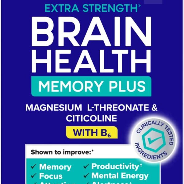 Qunol Brain Health Memory Plus with B6, Magnesium L-Threonate & Citicoline, Clinically Tested Ingredients to Improve Memory, Focus, Attention and Productivity, 90 Count