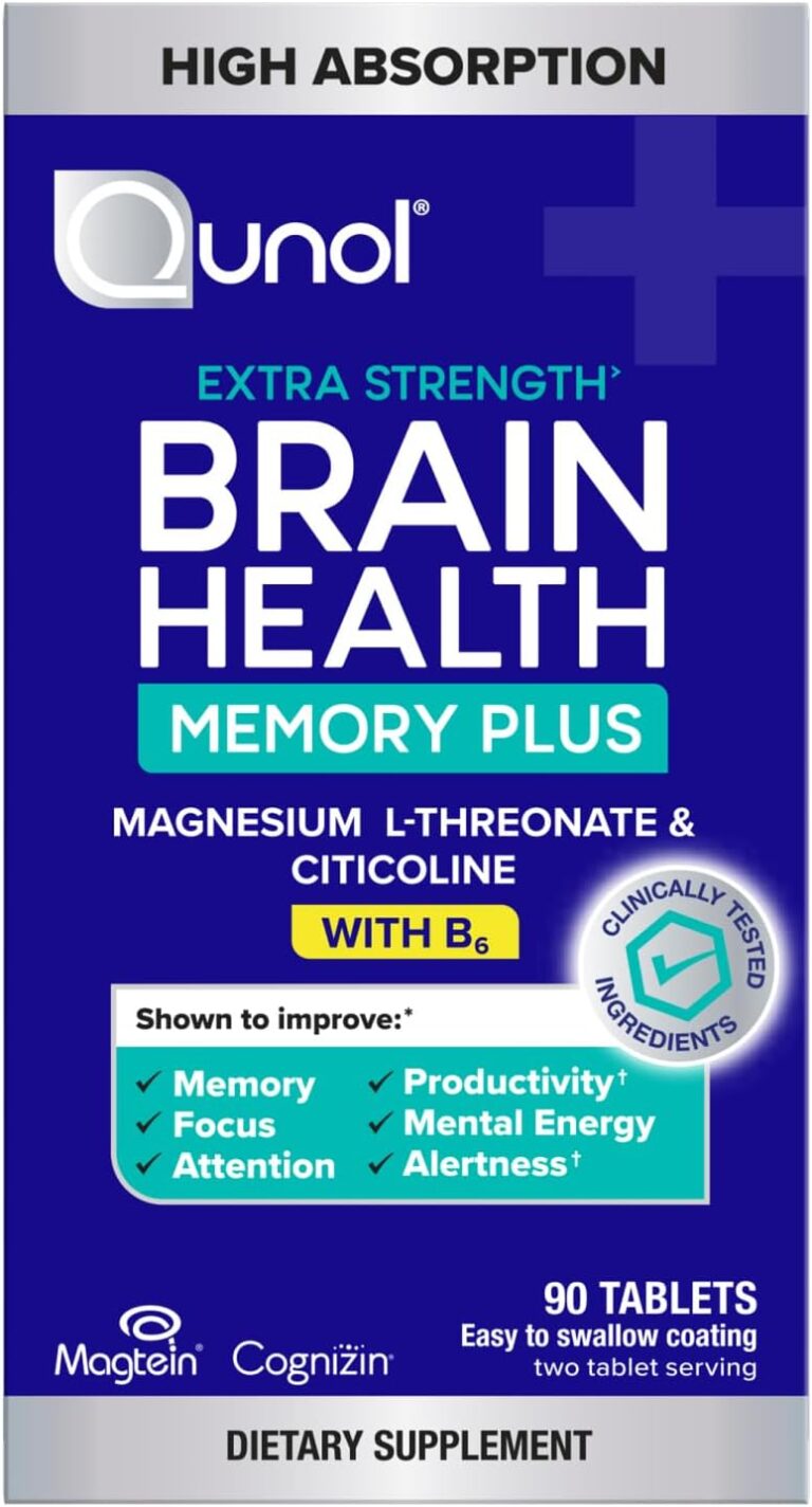 Qunol Brain Health Memory Plus with B6, Magnesium L-Threonate & Citicoline, Clinically Tested Ingredients to Improve Memory, Focus, Attention and Productivity, 90 Count