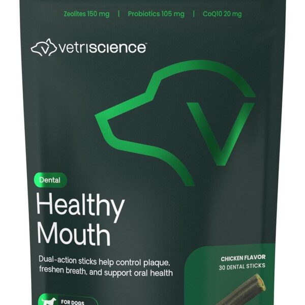 VetriScience Healthy Mouth Dental Chews, Perio Plus Sticks for Dogs, with Probiotics, Spirulina & Zeolites, Breath Freshening, Plaque & Tartar Control, Chicken, 30 Count