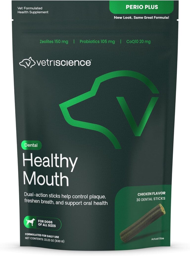 VetriScience Healthy Mouth Dental Chews, Perio Plus Sticks for Dogs, with Probiotics, Spirulina & Zeolites, Breath Freshening, Plaque & Tartar Control, Chicken, 30 Count