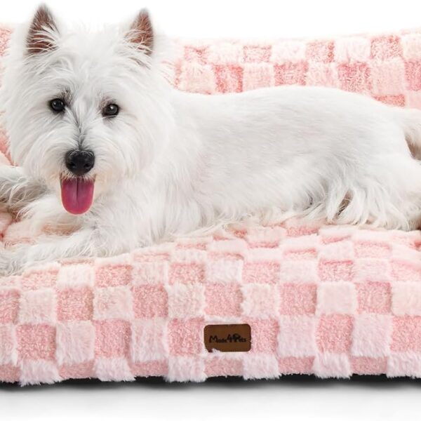 Made4Pets Cat and Dog Indoor Couch Bed, Soft Faux Fur Checkered Pet Sofa, Cozy Fluffy Pet Sofa with Supportive Foam, Removable Washable Cover with Non-Slip Base, Pink, Medium
