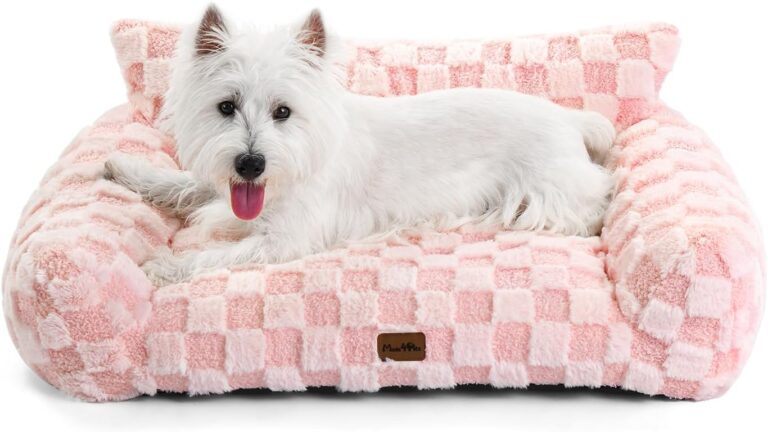 Made4Pets Cat and Dog Indoor Couch Bed, Soft Faux Fur Checkered Pet Sofa, Cozy Fluffy Pet Sofa with Supportive Foam, Removable Washable Cover with Non-Slip Base, Pink, Medium