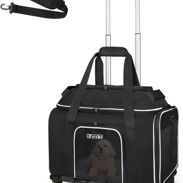 Petskd Top-Expandable Pet Carrier with Wheels 18x11x11 Inches Delta American United Airline Approved, Soft-Sided Carrier for Small Cats Dogs with Locking Safety Zippers and Anti-Scratch Mesh(Black)