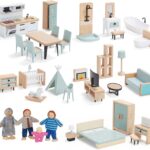 Giant bean 36pcs Wooden Dollhouse Furniture Set 5 Rooms 4 Family Dolls, Wood and Plastic Blue Dollhouse Accessories, Pretend Play Furniture Toys Christmas Birthday Gift for Boys Girls Kids Toddlers 3+