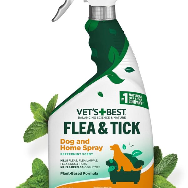 Vets Best Indoor Flea and Tick Spray  Dog Flea and Tick Treatment for Home, Plant-Based Formula with Natural Oils, Kills Fleas, Eggs & Ticks on Contact, Made in USA, 32 oz