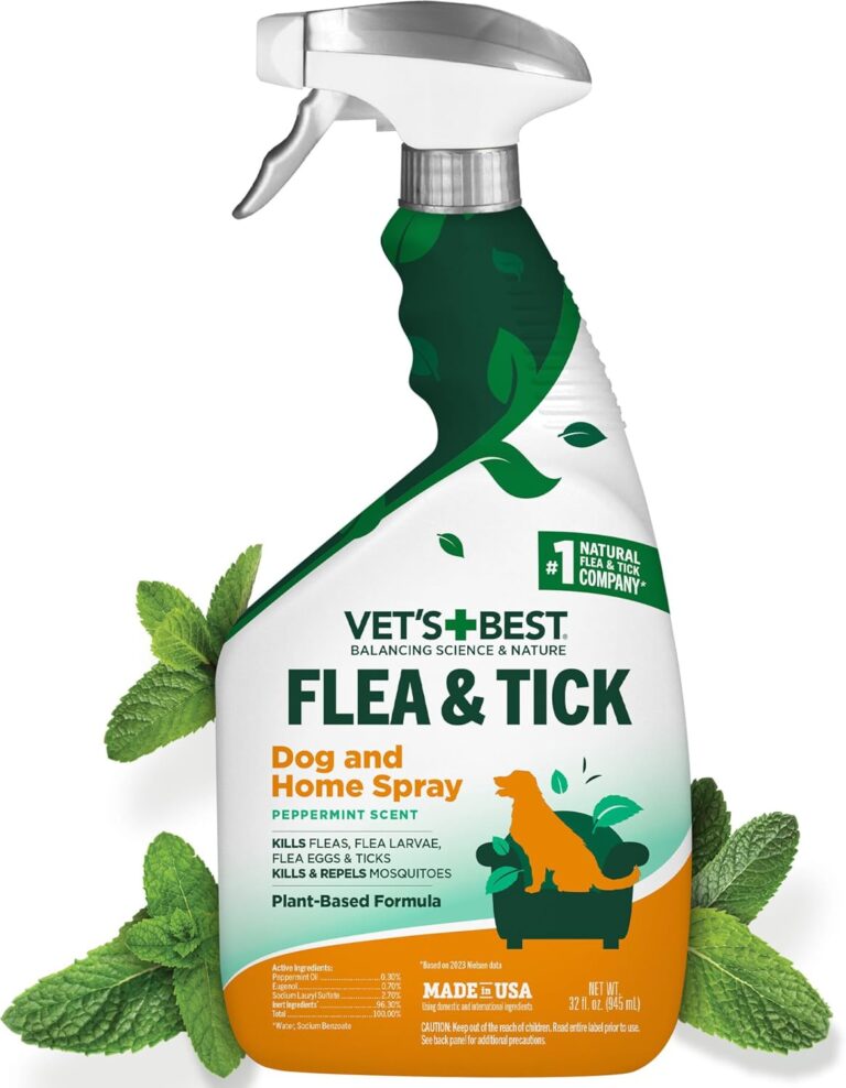 Vets Best Indoor Flea and Tick Spray  Dog Flea and Tick Treatment for Home, Plant-Based Formula with Natural Oils, Kills Fleas, Eggs & Ticks on Contact, Made in USA, 32 oz