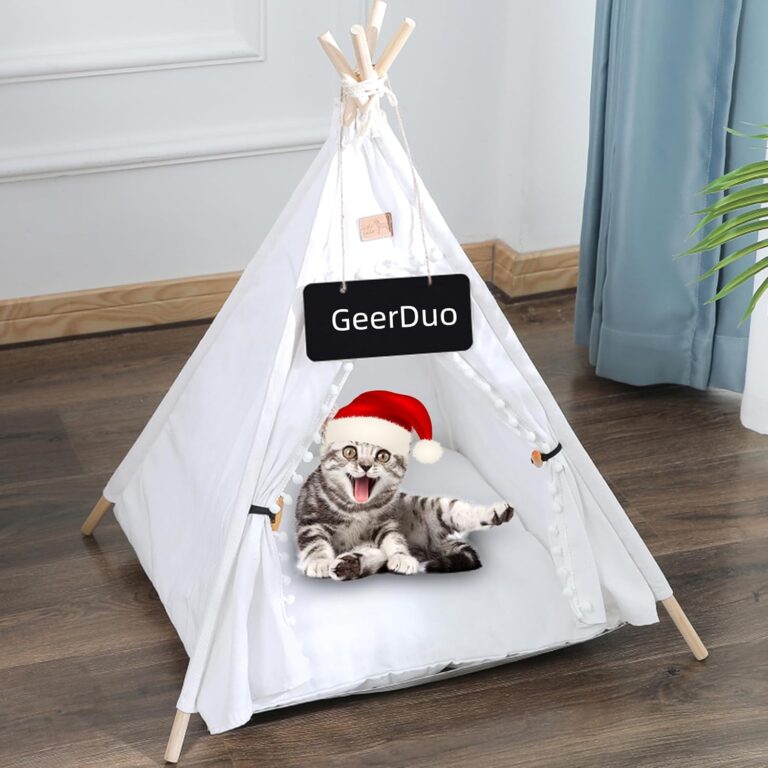 Pet Teepee, Portable Pet Tents for Small Dogs or Cats, Puppy Sweet Bed Washable Dog or Cat Houses with Cushion(White,24in)