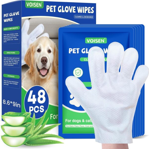 VOISEN 48 Pcs Pet Glove Wipes for Dogs and Cats, Cleaning & Deodorizing Bathing Grooming Wipes,Unscented Thick Nourish Fur Glove Wipes for Pet Dry Cleaning,Daily Care and Travel