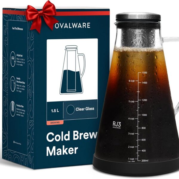 OVALWARE Airtight Cold Brew Iced Coffee Maker Pitcher (& Iced Tea Maker) with Spout 1.5L/ 51oz Brewing Glass Carafe with Removable Stainless Steel Filter