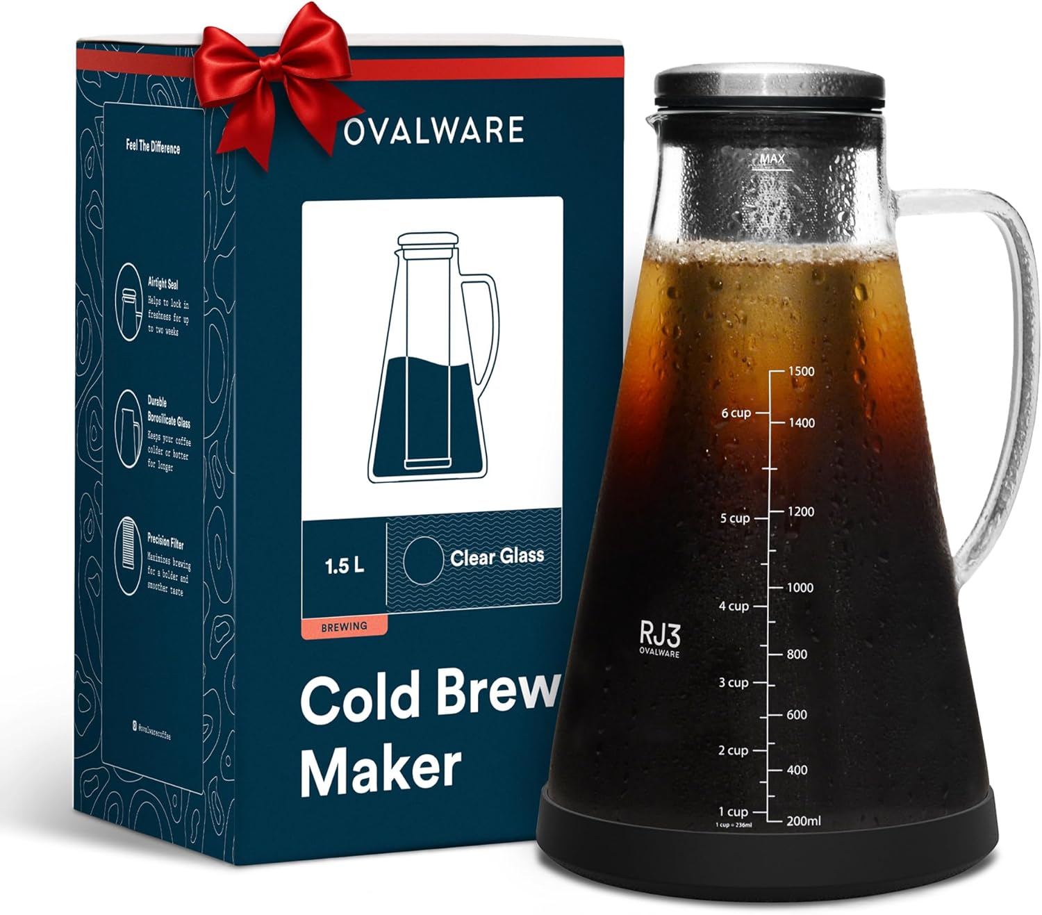 OVALWARE Airtight Cold Brew Iced Coffee Maker Pitcher (& Iced Tea Maker) with Spout 1.5L/ 51oz Brewing Glass Carafe with Removable Stainless Steel Filter OVALWARE Airtight Cold Brew Iced Coffee Maker Pitcher (& Iced Tea Maker) with Spout 1.5L/ 51oz Brewing Glass Carafe with Removable Stainless Steel Filter
