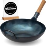 YOSUKATA 13.5 Blue Carbon Steel Wok Pan  Pre-Seasoned Flat Bottom Wok Compatible with open fire, gas, electric, ceramic, induction cooktops -Traditional Chinese Pan for Stir Fry, BBQ, Grill, Camping