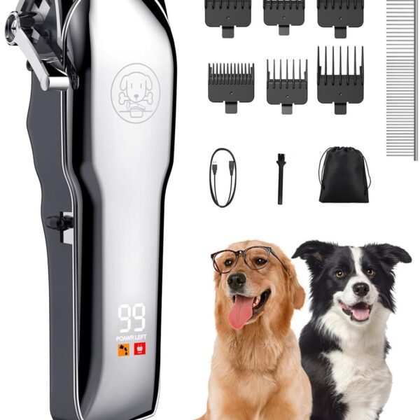 Cordless Dog Clippers for Grooming Professional for Thick Hair Coats, Low Noise Shaver Pet Grooming Kit with LED Display, Razors Dog Hair Shears Ceramic Blade, Pet Hair Trimmer for Dogs Cats (MS041)