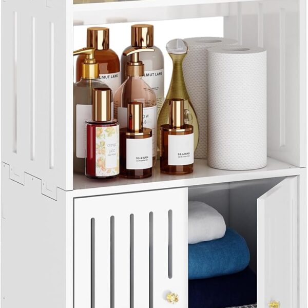 Bathroom Storage Cabinet, 3-Tier Small White Floor Cabinet Freestanding Organizer with Door for Living Room Hallway Small Space