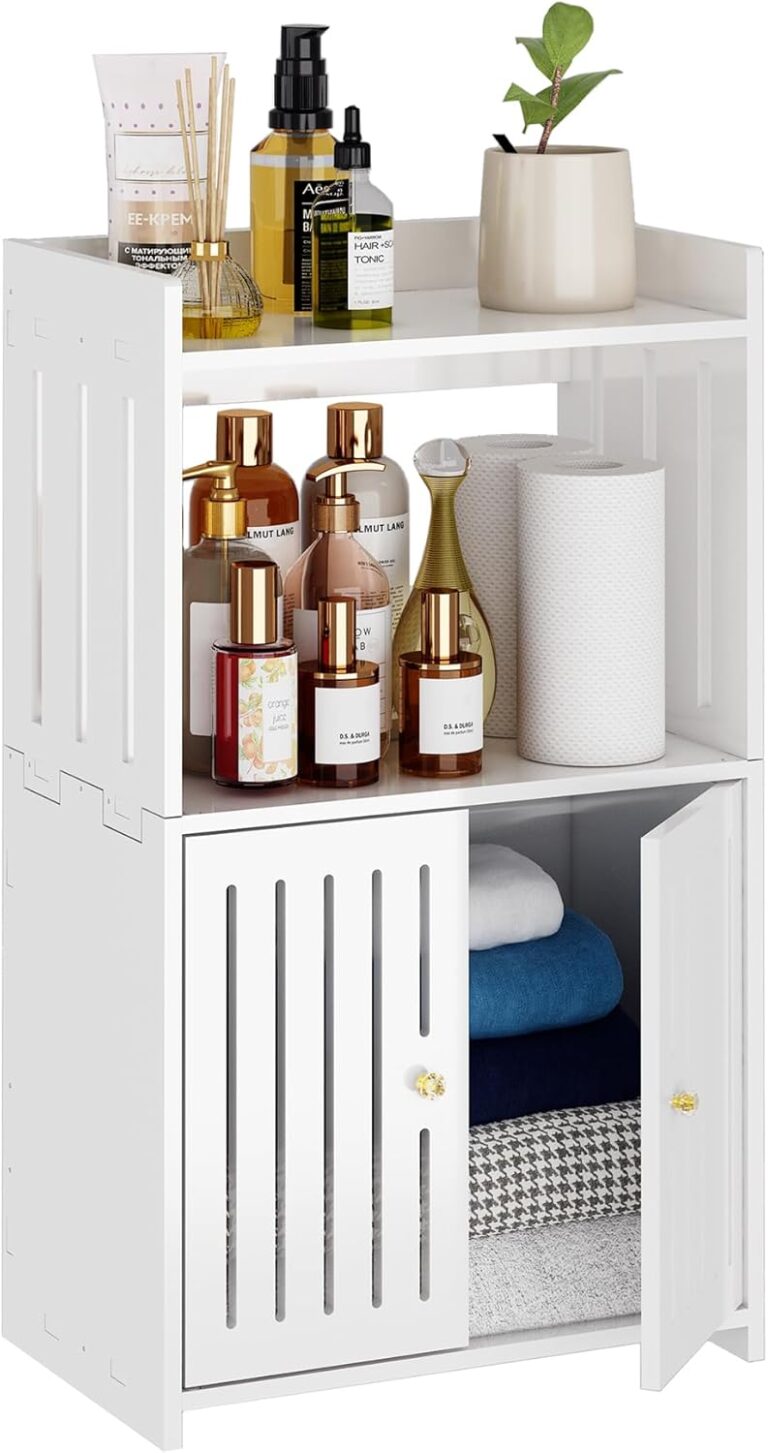 Bathroom Storage Cabinet, 3-Tier Small White Floor Cabinet Freestanding Organizer with Door for Living Room Hallway Small Space