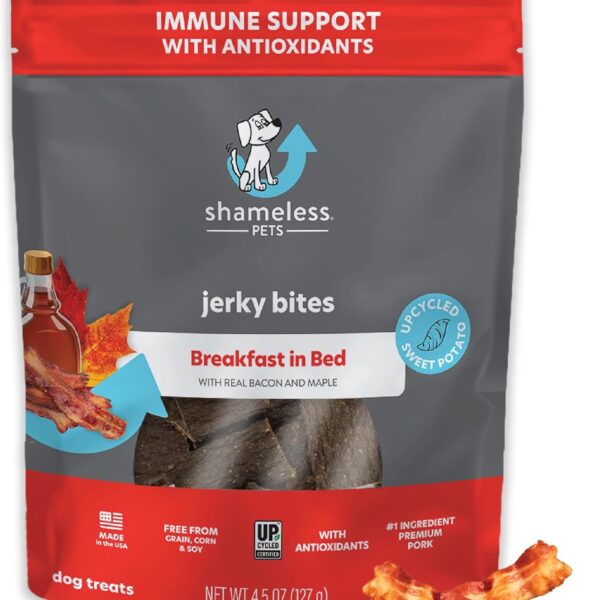 Shameless Pets Jerky Dog Treats, Breakfast in Bed - Healthy Dog Chews for Immune Support with Antioxidants - Dog Treats with Real Premium Bacon - Free from Grain, Corn & Soy - 4.5 oz 1-Pack