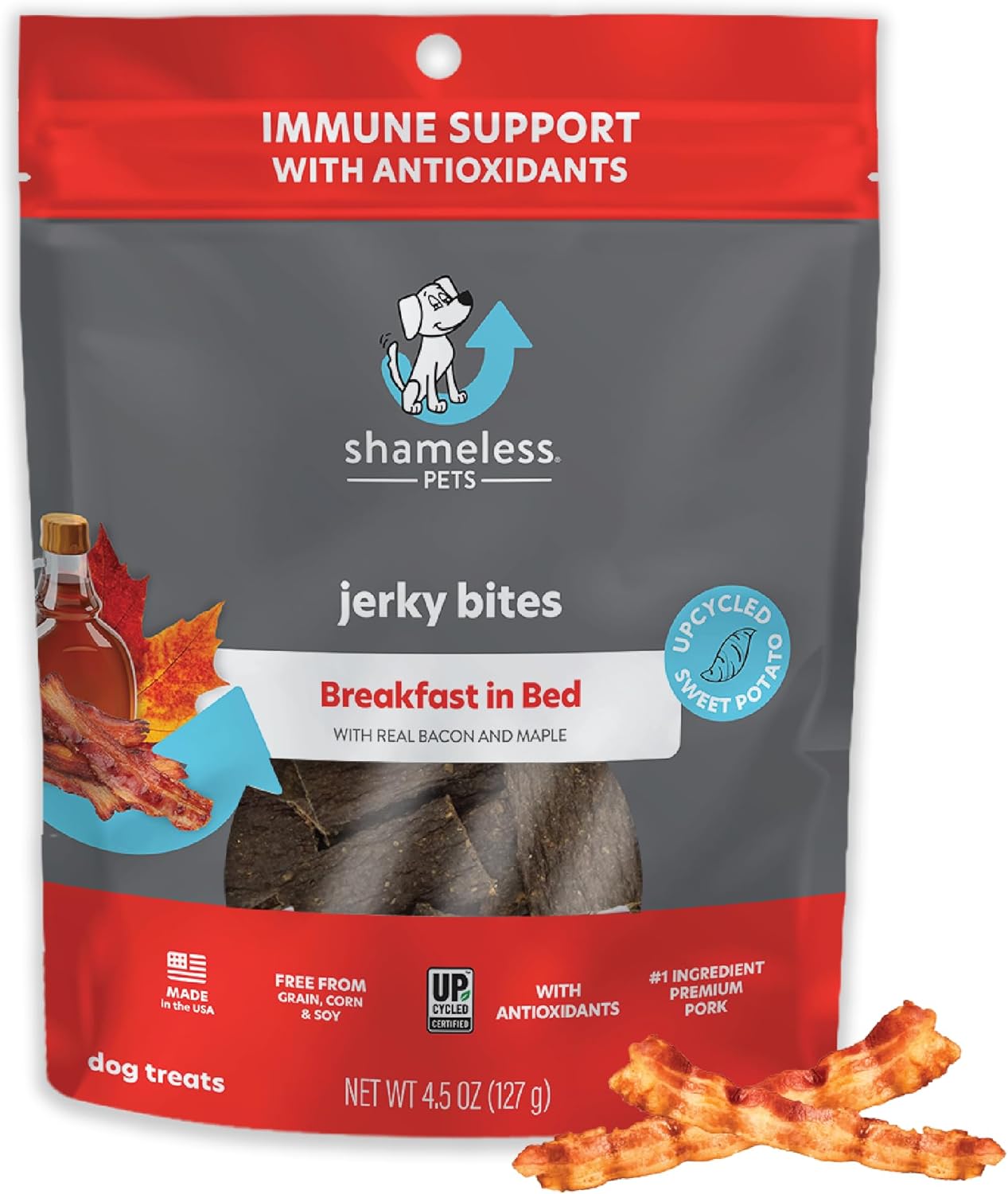 Shameless Pets Jerky Dog Treats, Breakfast in Bed - Healthy Dog Chews for Immune Support with Antioxidants - Dog Treats with Real Premium Bacon - Free from Grain, Corn & Soy - 4.5 oz 1-Pack Shameless Pets Jerky Dog Treats, Breakfast in Bed - Healthy Dog Chews for Immune Support with Antioxidants - Dog Treats with Real Premium Bacon - Free from Grain, Corn & Soy - 4.5 oz 1-Pack