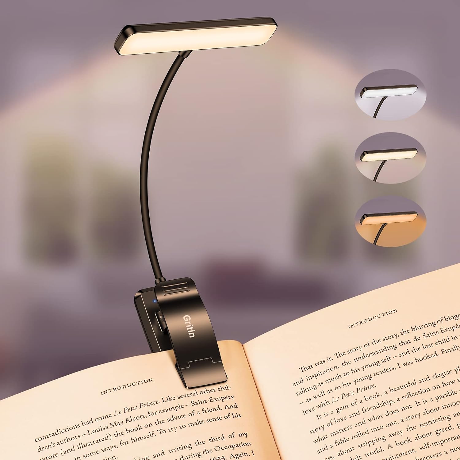 Gritin 19 LED Rechargeable Book Light for Reading in Bed with Memory Function- Eye Caring 3 Color Temperatures,Stepless Dimming Brightness,80 Hrs Runtime Lightweight Clip on Light for Book Lovers Gritin 19 LED Rechargeable Book Light for Reading in Bed with Memory Function- Eye Caring 3 Color Temperatures,Stepless Dimming Brightness,80 Hrs Runtime Lightweight Clip on Light for Book Lovers