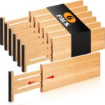 Fabsome Dresser Drawer Organizers 6 Pack, 4.65'' High Adjustable from 12.5-17 Bamboo Drawer Dividers for Clothing Baby Clothes, Wooden Separators for Dresser Nursery Organization with Soft Foam Ends