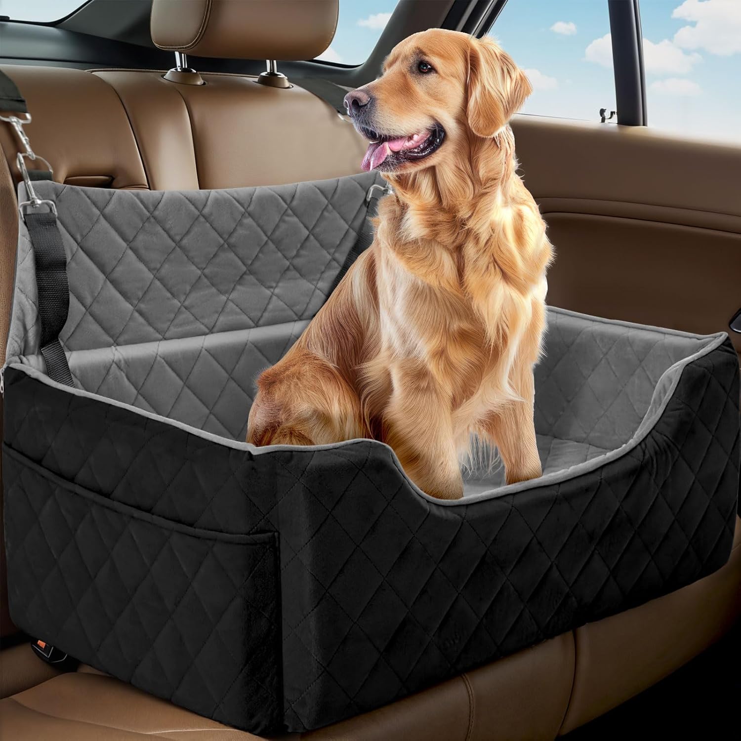 Dog Car Seat for Large/Medium Dogs, Dog Booster Seat for Under 50lbs or 2 Small Dogs, Non-Slip Removable and Washable Pet Car Seat,2 Safety Leashes, Travel Pet Bed, Black Dog Car Seat for Large/Medium Dogs, Dog Booster Seat for Under 50lbs or 2 Small Dogs, Non-Slip Removable and Washable Pet Car Seat,2 Safety Leashes, Travel Pet Bed, Black