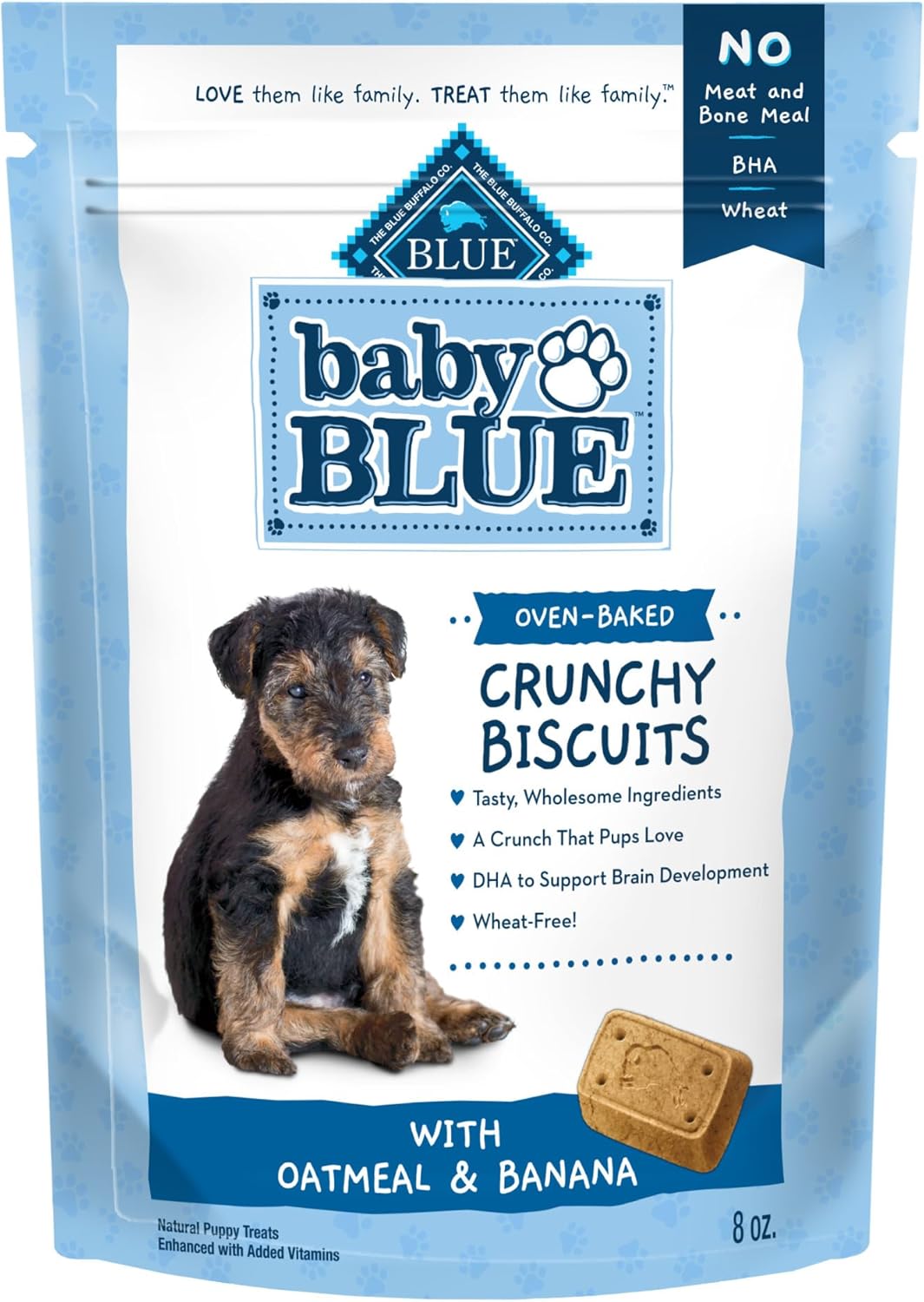 Blue Buffalo Baby Blue Crunchy Biscuits with DHA, Crunchy Dog Treats for Puppies, Made with Natural Ingredients, Oatmeal & Banana, 8-oz Bag Blue Buffalo Baby Blue Crunchy Biscuits with DHA, Crunchy Dog Treats for Puppies, Made with Natural Ingredients, Oatmeal & Banana, 8-oz Bag