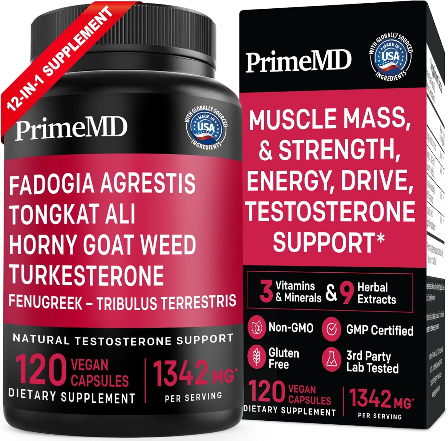 PrimeMD 12-in-1 Fadogia Agrestis and Tongkat Ali - Testosterone Supplement for Men with Turkesterone - HornyGoatWeed for Men for Overall Well-Being with 1342mg Per Serving (120 Capsules) (Pack of 1) PrimeMD 12-in-1 Fadogia Agrestis and Tongkat Ali - Testosterone Supplement for Men with Turkesterone - HornyGoatWeed for Men for Overall Well-Being with 1342mg Per Serving (120 Capsules) (Pack of 1)