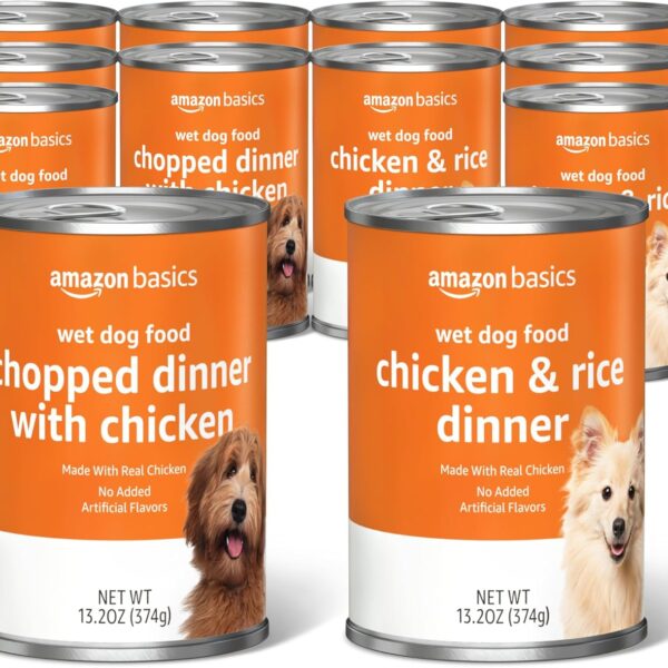 Amazon Basics Chopped Ground Dinner Wet Dog Food Variety Pack, Chicken and Rice Flavor and Chopped Dinner with Chicken, Made with Natural Ingredients, 13.2oz Cans (Pack of 12)