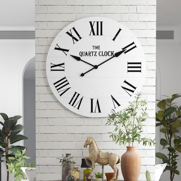 ARTPOWER Large Farmhouse Wall Clock, 35.5 Shiplap Wall Clock with Roman Numeral, Nearly Non-Ticking, Round Wall Clocks for Living Room Decor, Office, Bedroom, Entrance, White