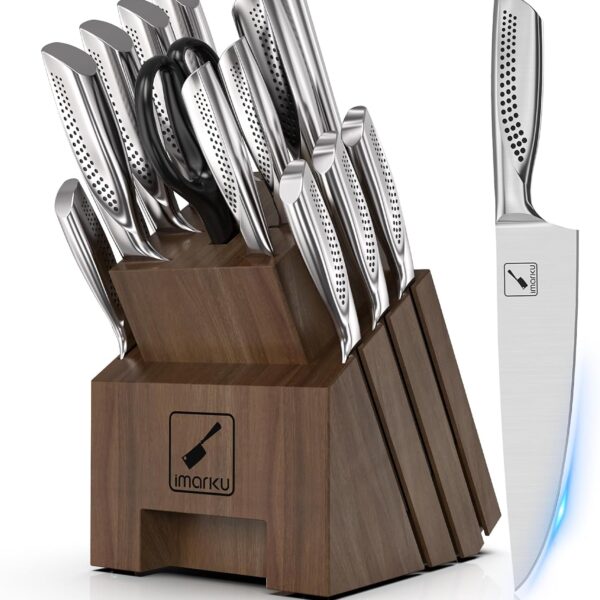 imarku Knife Set, 16PCS High Carbon Stainless Steel Kitchen Knife Sets with Block Ultra Sharp Knife Block Set, Japanese Knife Set with Dotted Non-slip Ergonomic Handle, Dark Brown, Best gifts