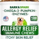 BARK&SPARK Dog Allergy Relief Chews - Anti-Itch Skin & Coat Supplement - Omega 3 Fish Oil - Itchy Skin Relief Treatment Pills - Itching&Paw Licking - Dry Skin&Hot Spots - (120 Immune Treats - Chicken)