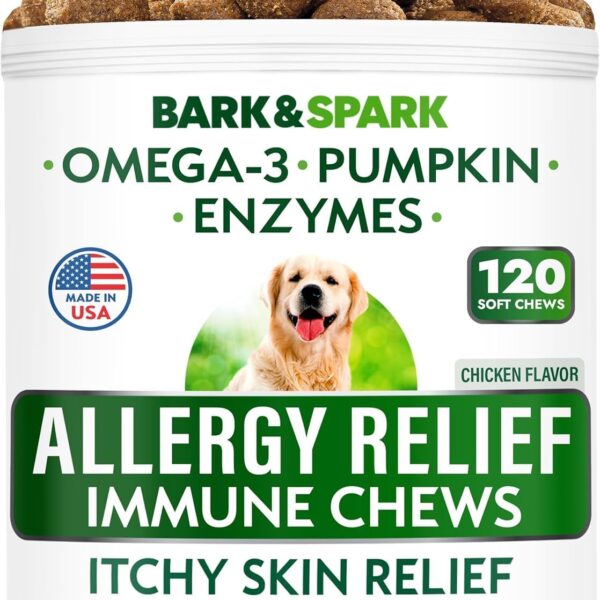 BARK&SPARK Dog Allergy Relief Chews - Anti-Itch Skin & Coat Supplement - Omega 3 Fish Oil - Itchy Skin Relief Treatment Pills - Itching&Paw Licking - Dry Skin&Hot Spots - (120 Immune Treats - Chicken)