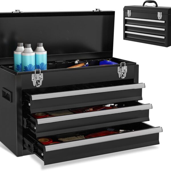 Portable Metal Tool Box, 3 Drawers Lockable Heavy Duty Tool Chest Storage Toolbox with Ball-Bearing Slides and 2 Metal Latches Closure for Garage, Workshop, Repair Shop (Black)