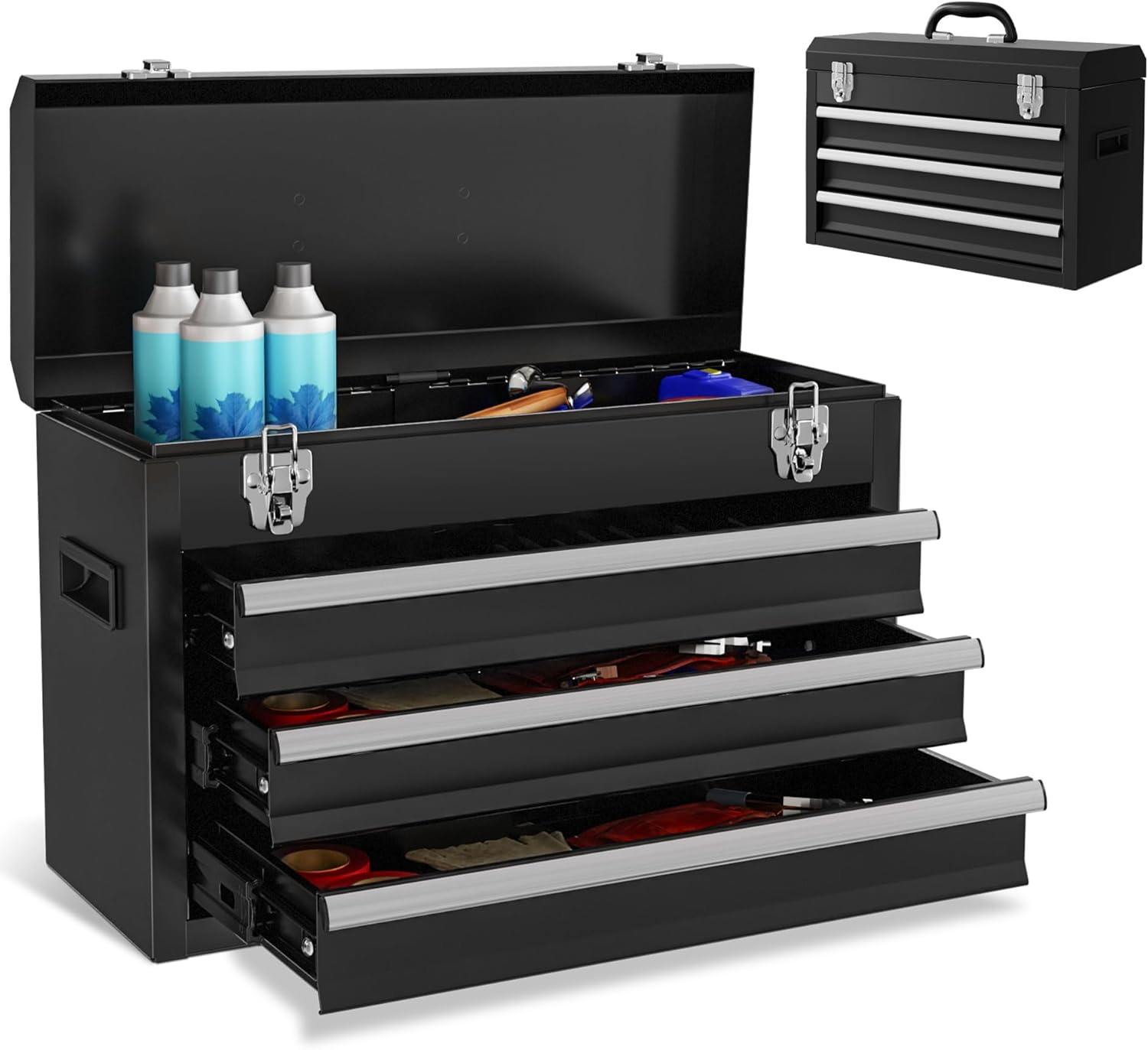 Portable Metal Tool Box, 3 Drawers Lockable Heavy Duty Tool Chest Storage Toolbox with Ball-Bearing Slides and 2 Metal Latches Closure for Garage, Workshop, Repair Shop (Black) Portable Metal Tool Box, 3 Drawers Lockable Heavy Duty Tool Chest Storage Toolbox with Ball-Bearing Slides and 2 Metal Latches Closure for Garage, Workshop, Repair Shop (Black)